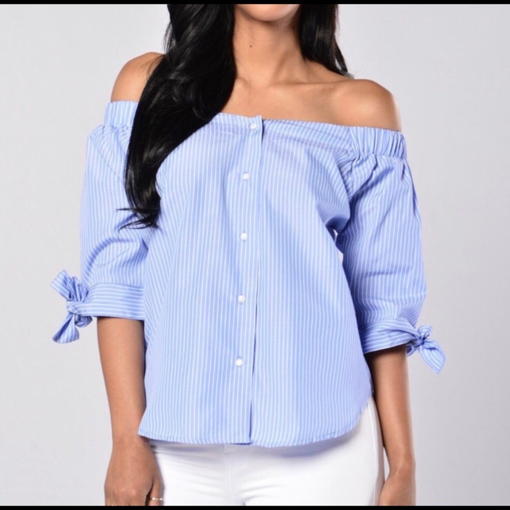 Fashion Nova Pinstriped Sea Level Off-Shoulder Top